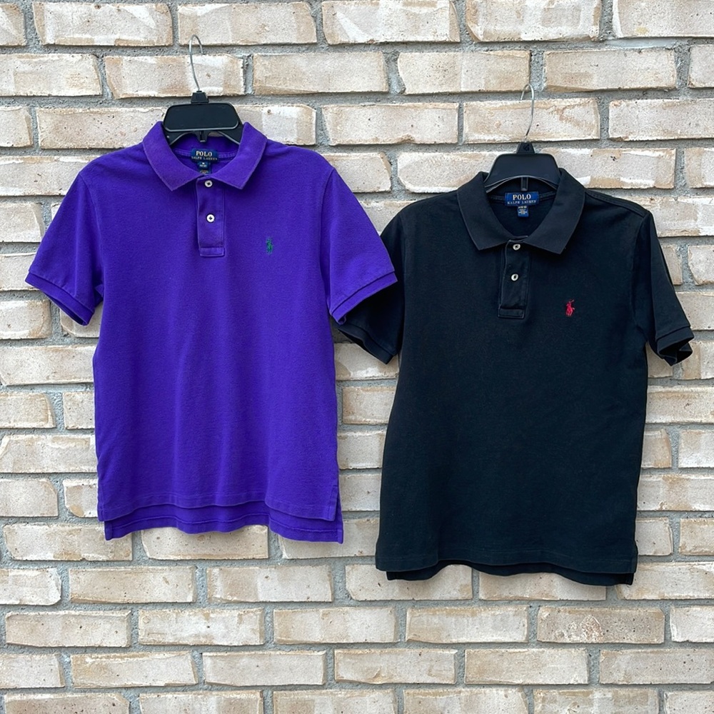 2 Ralph Lauren Boy’s Polo Shirts Sz M (10-12) Black & Purple  - 2 Button **READ*